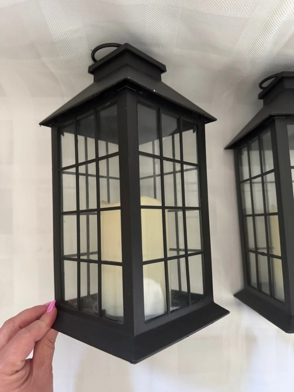 Black Plastic Wall Lanterns with Glass Warm LED Candles - Set of 2 with Timer
